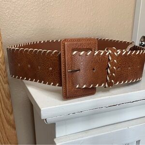 BOHO WESTERN Wide Brown Belt Cream Whipstitch Faux Leather